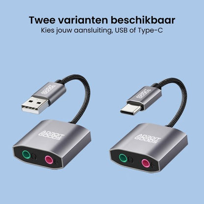 Twee geluidsadapters met AdroitGoods logo, één met USB en één met Type-C aansluiting
