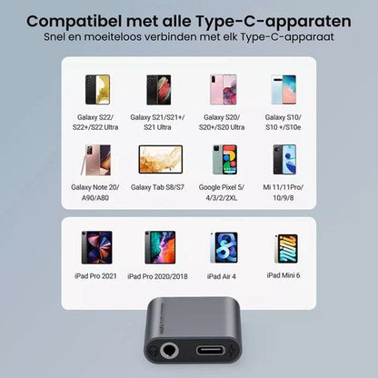 Afbeelding met verschillende Type-C compatibele smartphones en tablets, waaronder Galaxy en iPad modellen.