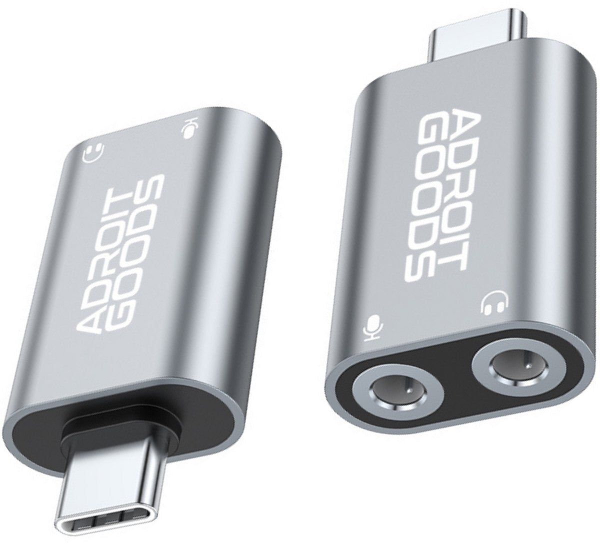 Twee zilverkleurige AdroitGoods adapters met USB-C en audioaansluitingen in modern design