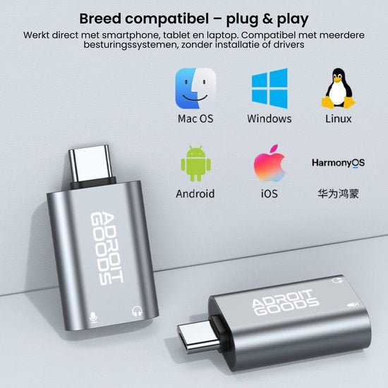 Twee compacte Adroit Goods adapters met USB-C aansluiting en logo, compatibel met diverse besturingssystemen.