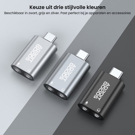 Drie stijlvol ontworpen adapters in zwart, grijs en zilver voor USB-C apparaten.