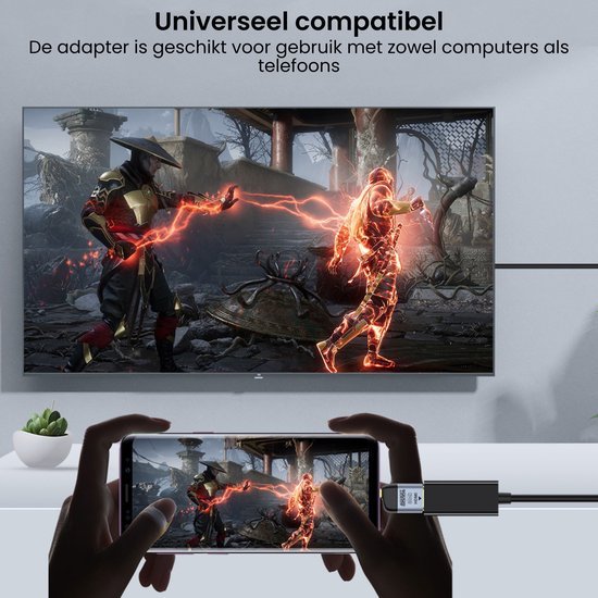 Persoon speelt vechtgame op telefoon aangesloten op televisie met universele adapter