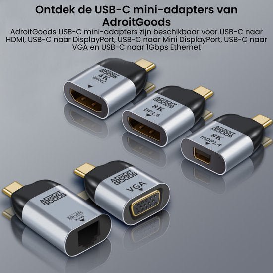 Vijf USB-C mini-adapters in zilver en zwart voor verschillende video- en netwerkverbindingen