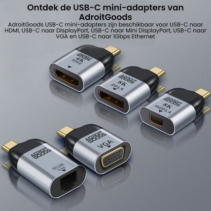 Vijf USB-C mini-adapters in zilver en zwart voor verschillende video- en netwerkverbindingen