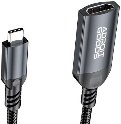Zwart gevlochten kabel met USB-C connector en HDMI uitgang van Adroit Goods merk.
