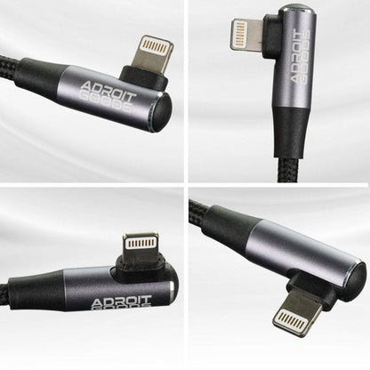 Zwarte AdroitGoods kabel met 90 graden hoek en donkergrijze behuizing en connectoren
