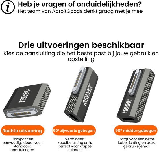 Drie types stekkers van AdroitGoods met rechte, 90° zijwaartse en 90° middenbocht opties zichtbaar.