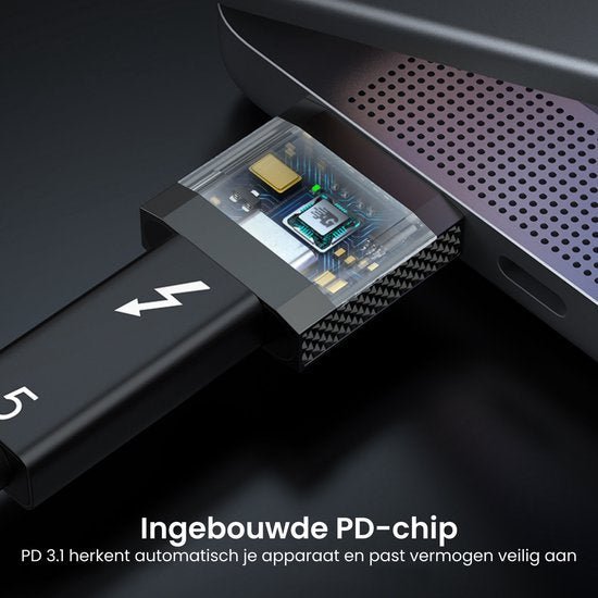 Dichtbij beeld van een kabel met ingebouwde chip die is aangesloten op een apparaat in moderne stijl