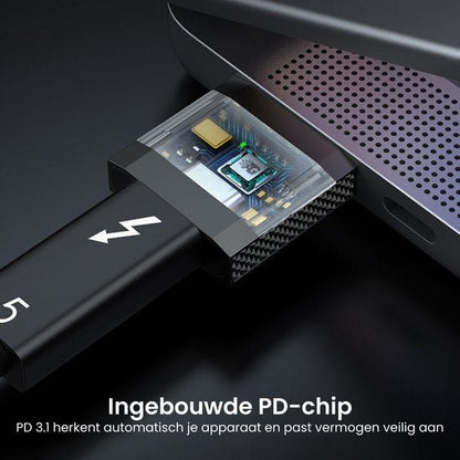 Dichtbij beeld van een kabel met ingebouwde chip die is aangesloten op een apparaat in moderne stijl