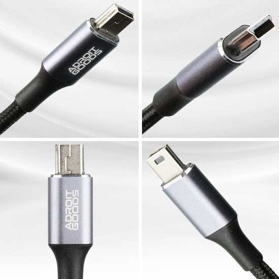 Vier close-up beelden van een zilverkleurige gedraaide kabelconnector met AdroitGoods logo
