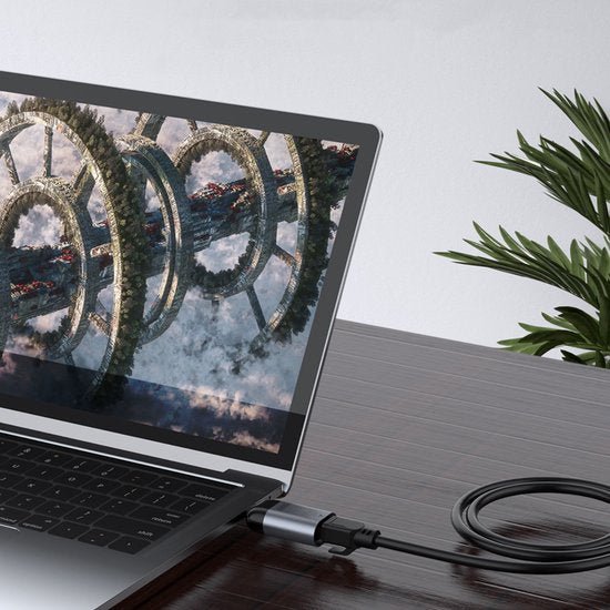 Laptop met fantasiewereld op scherm en een aangesloten zwart kabeltje op houten bureau naast groene plant