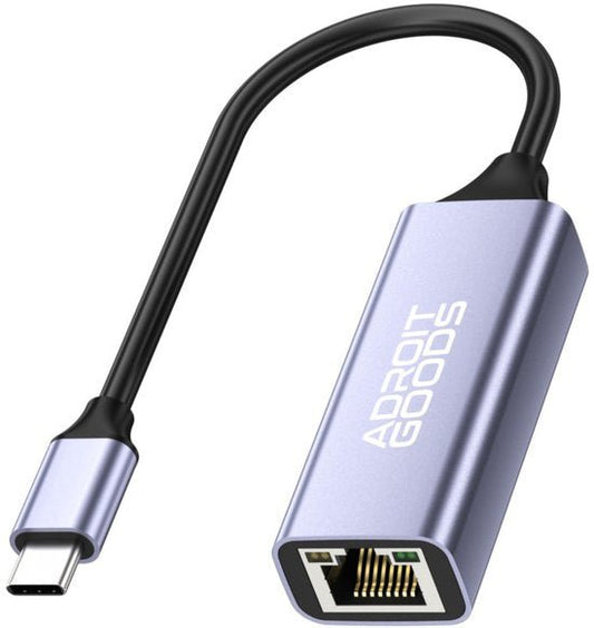 USB-C naar ethernet adapter met aluminium behuizing en zwart kabelsnoer