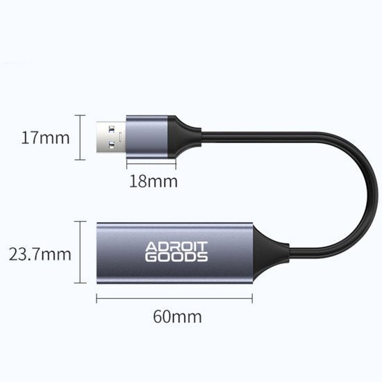 zwarte kabel met metalen connectoren en afmetingen naast elk onderdeel weergegeven