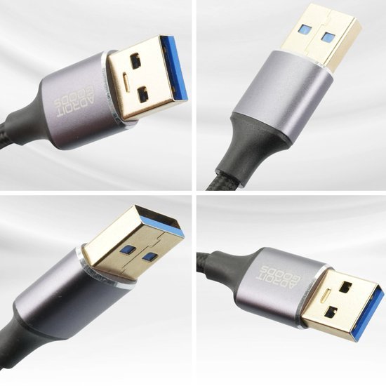Vier close-up beelden van een USB-kabel met metalen connectoren en blauwe binnenkant.