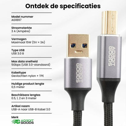 USB-A naar USB-B kabel met gevlochten nylon en grijze Adroit Goods connectoren