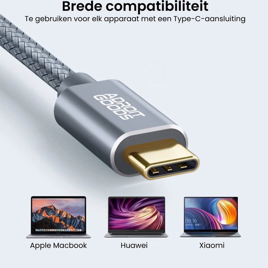Close-up van een metalen Type-C-kabelconnector met geweven kabel en compatibele laptops.