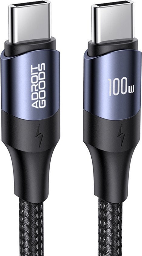 twee usb-c kabels met gevlochten omhulsel, een met AdroitGoods label, de ander met 100w tekst
