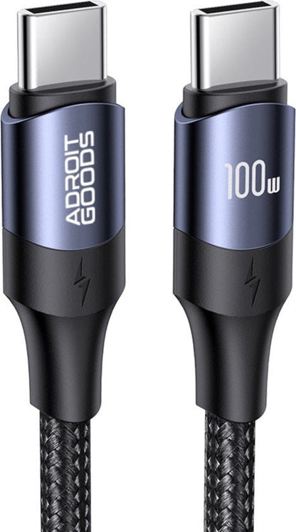 twee usb-c kabels met gevlochten omhulsel, een met AdroitGoods label, de ander met 100w tekst