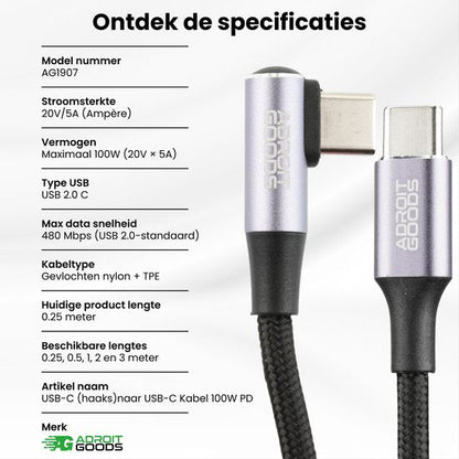 usb-c haakse kabel met gevlochten nylon en tpe voor snel opladen en dataoverdracht