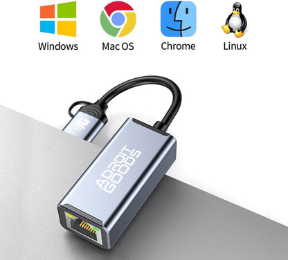 AdroitGoods USB-C naar Ethernet adapter in zilver met compatibiliteit Windows, Mac OS, Chrome, Linux