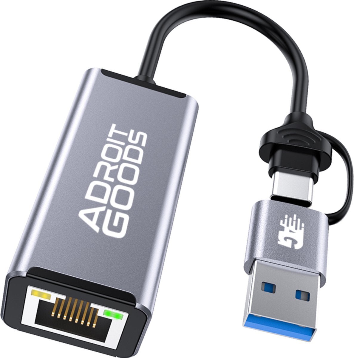 Compact zilverkleurig USB naar ethernet adapter met zwart kabeltje en blauwe USB aansluiting