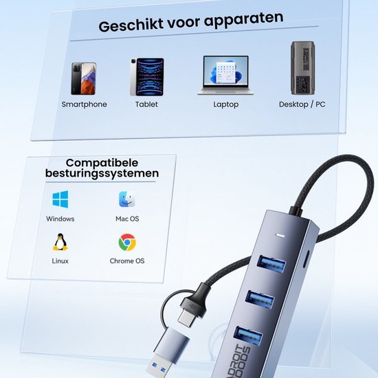 USB hub met meerdere poorten geschikt voor smartphone, tablet, laptop en pc gebruik