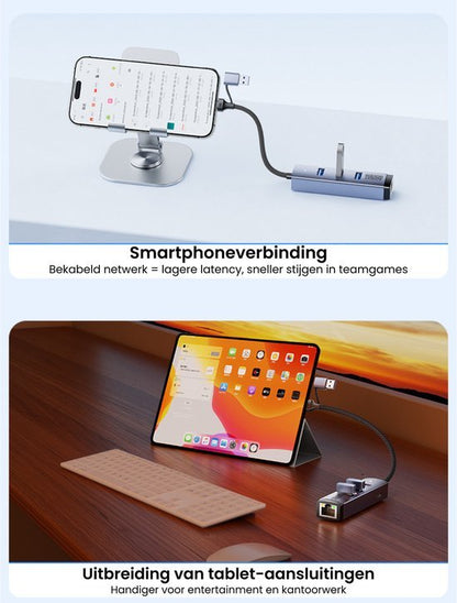 Smartphone en tablet aangesloten op netwerkadapter voor snelle verbinding en extra poorten