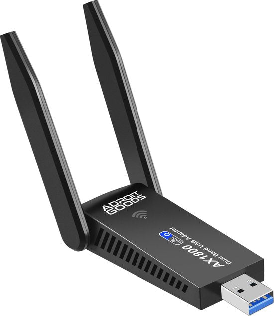 zwarte dual-band usb-adapter met twee antennes en blauwe usb 3.0 aansluiting