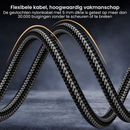 Flexibele gevlochten nylonkabel van 5 mm dikte, getest op 30.000 buigingen zonder breuk.