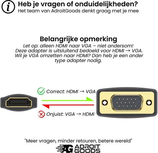 Diagram met uitleg over HDMI naar VGA adapter en waarschuwing voor omgekeerd gebruik