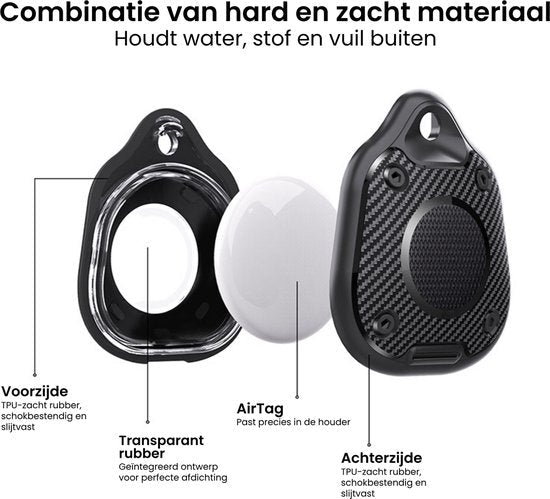 Zwarte AirTag houder met harde en zachte materialen, inclusief transparante rubber afdichting.