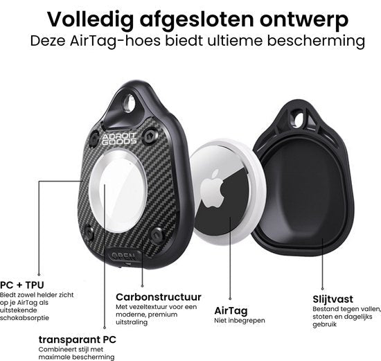 Zwarte AirTag-hoes met carbonstructuur en transparante voorkant voor optimale bescherming.